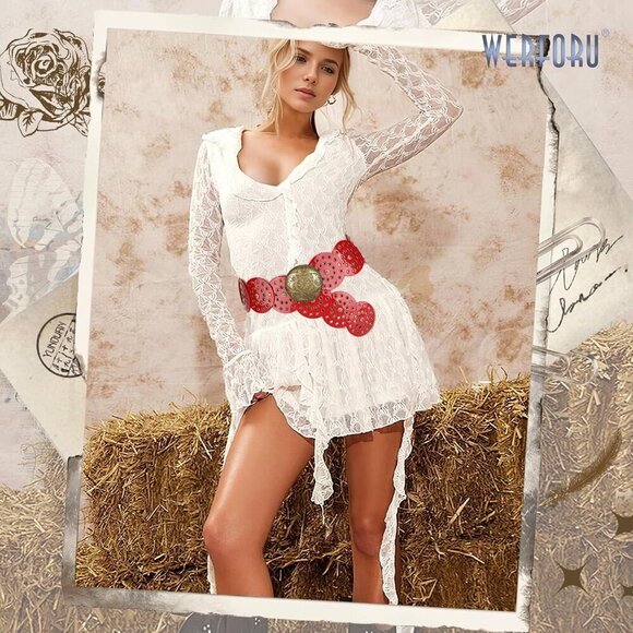 Women\'s Vintage Leather Belt Western Disc Waist Belts Belt Red Silver Buckle main image 4